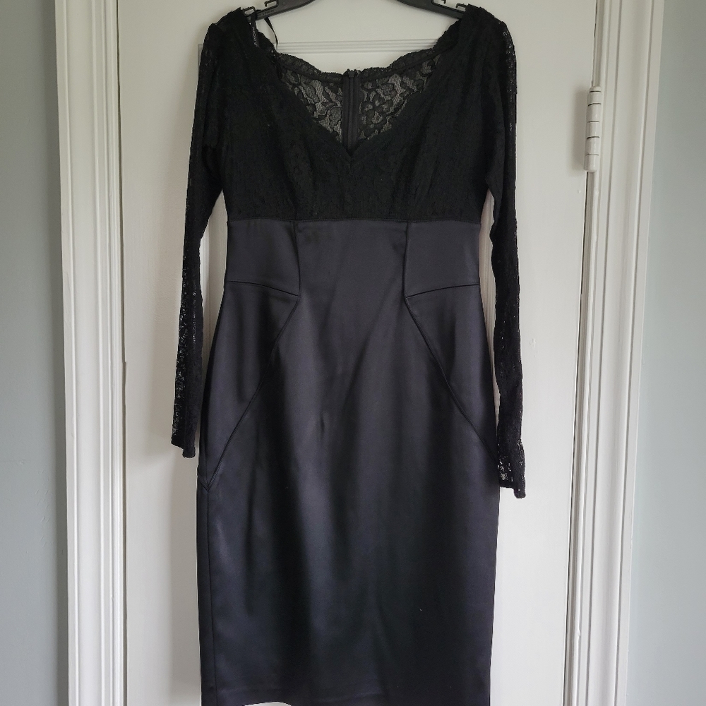 Size 4 Maggy London, black satin bottom, lace long sleeved off shoulder dress